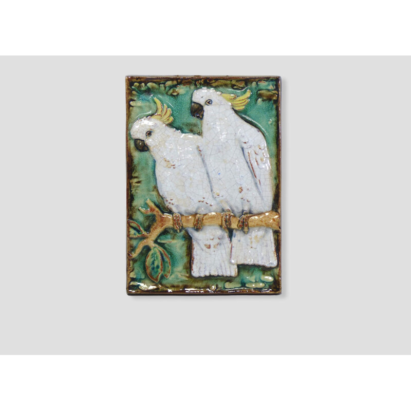 Vintage ceramic wall plaque with Karlsruher parrots 1930s