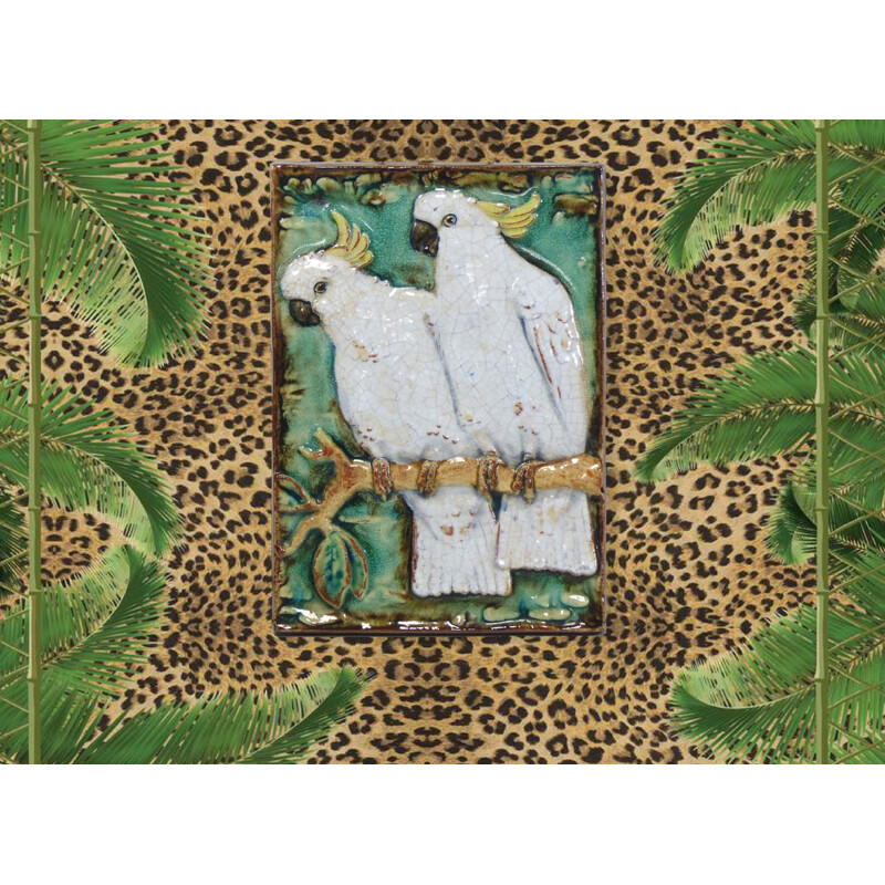 Vintage ceramic wall plaque with Karlsruher parrots 1930s