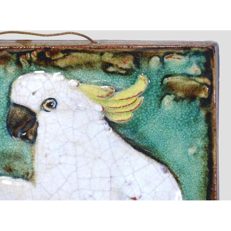 Vintage ceramic wall plaque with Karlsruher parrots 1930s
