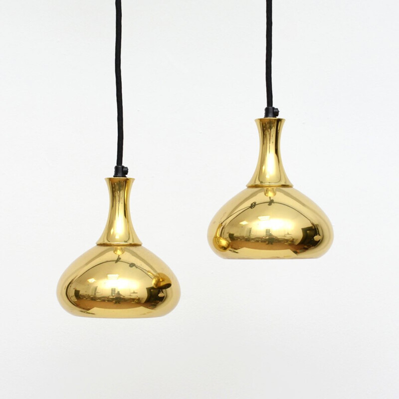 Pair of vintage Pendant Lamps In Golden Brass Danish 1960s