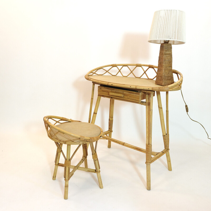 Vintage rattan dressing table with its chair 1950s