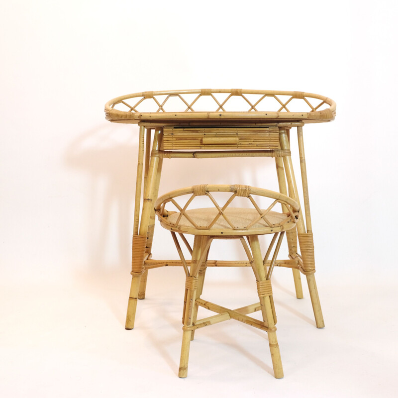 Vintage rattan dressing table with its chair 1950s