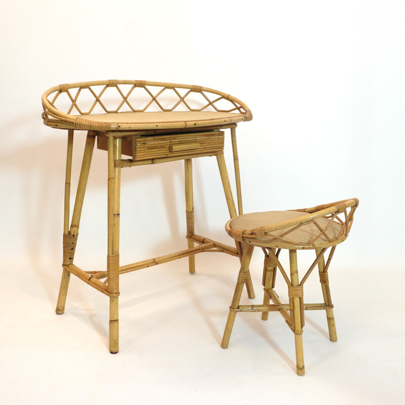 Vintage rattan dressing table with its chair 1950s