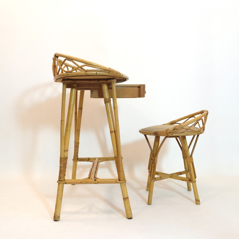 Vintage rattan dressing table with its chair 1950s