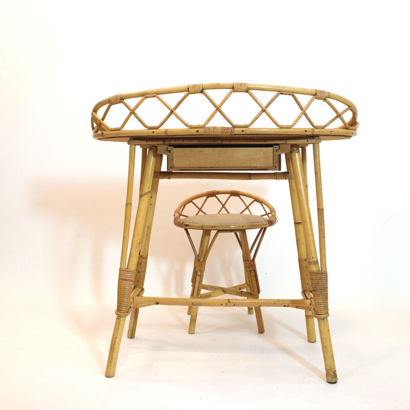 Vintage rattan dressing table with its chair 1950s
