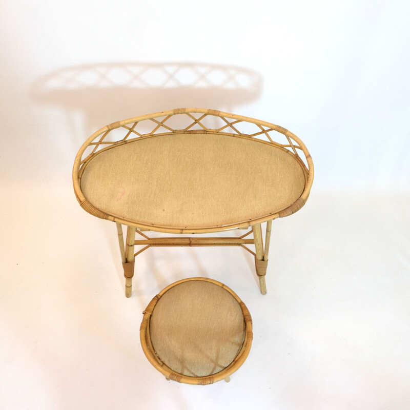 Vintage rattan dressing table with its chair 1950s