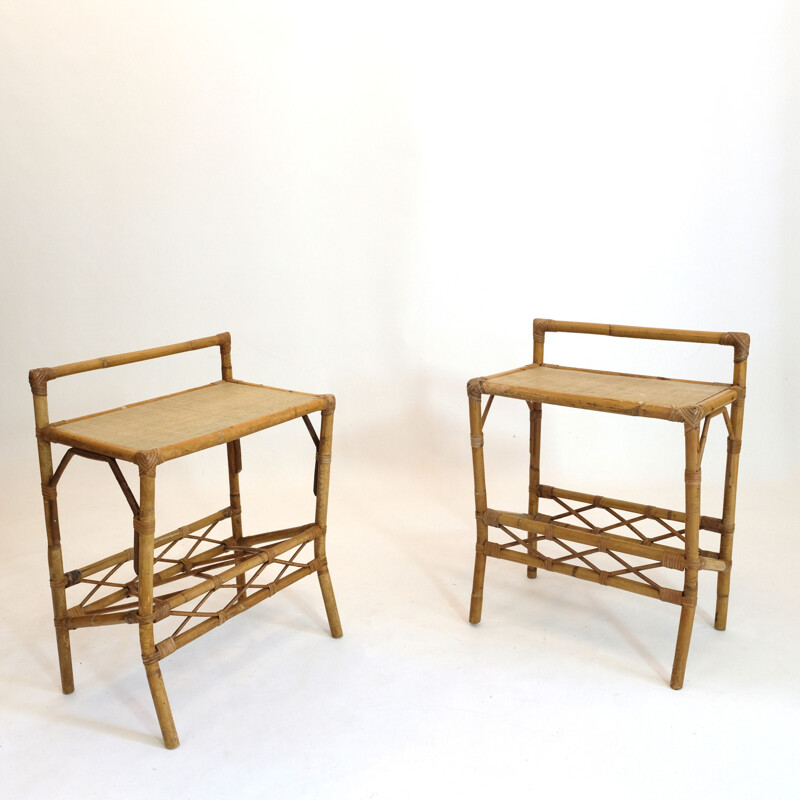 Pair of vintage rattan bedside tables 1960s