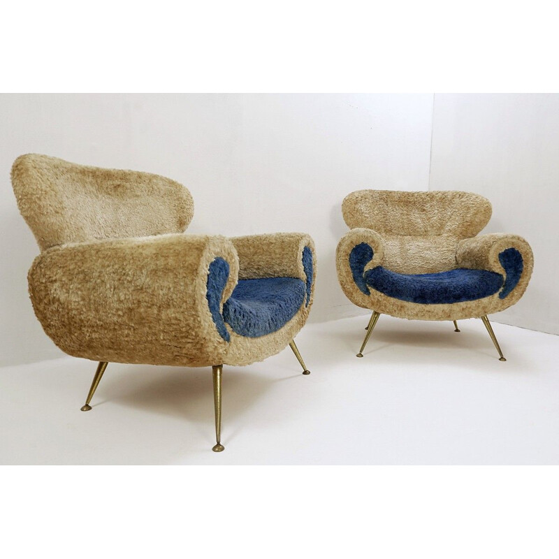 Pair of vintage fake fur armchairs Italian