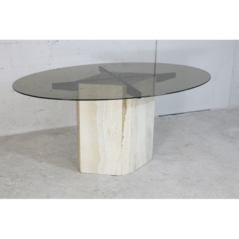 Vintage living room table stone base elliptical top smoked glass top Italy 1970