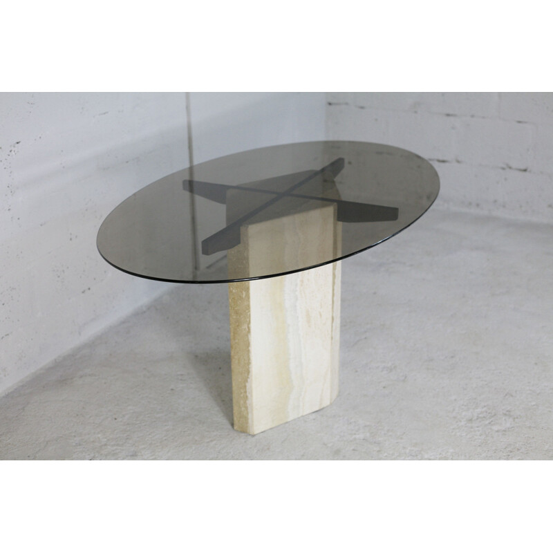 Vintage living room table stone base elliptical top smoked glass top Italy 1970