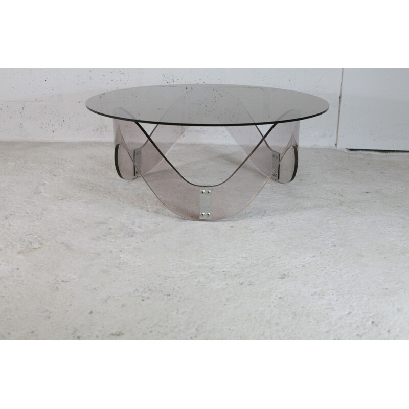 Vintage sinusoidal altuglas and smoked glass coffee table, France 1970