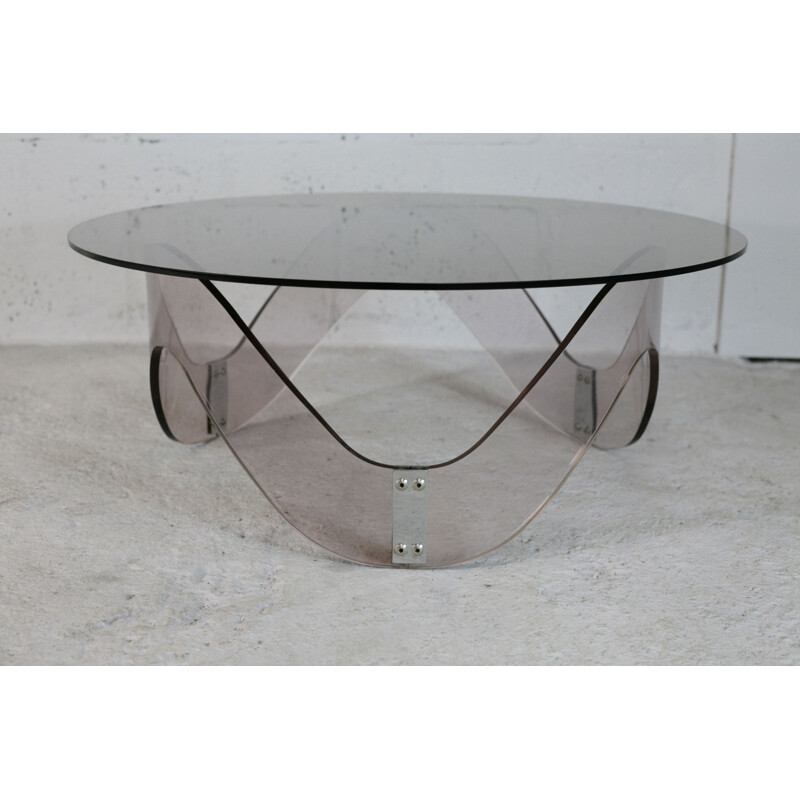 Table basse vintage sinusoïdale altuglas et verre fumé, France 1970