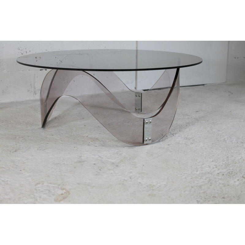 Vintage sinusoidal altuglas and smoked glass coffee table, France 1970