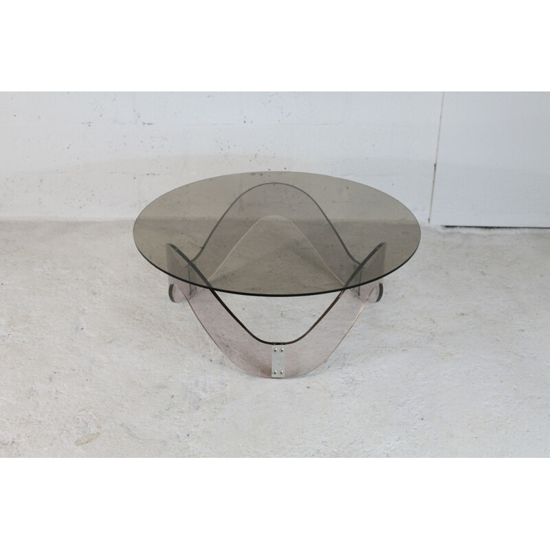 Vintage sinusoidal altuglas and smoked glass coffee table, France 1970