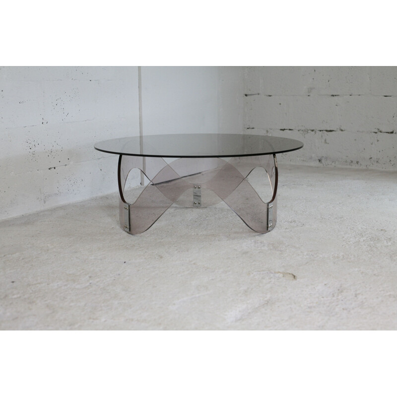 Table basse vintage sinusoïdale altuglas et verre fumé, France 1970