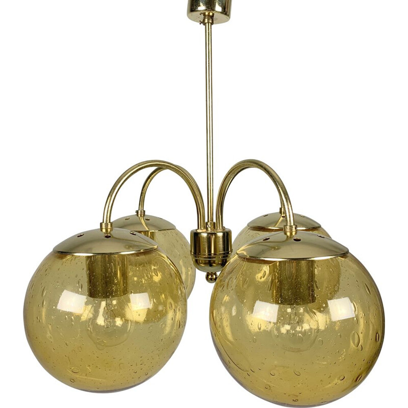 Vintage glass and brass chandelier with 4 arms