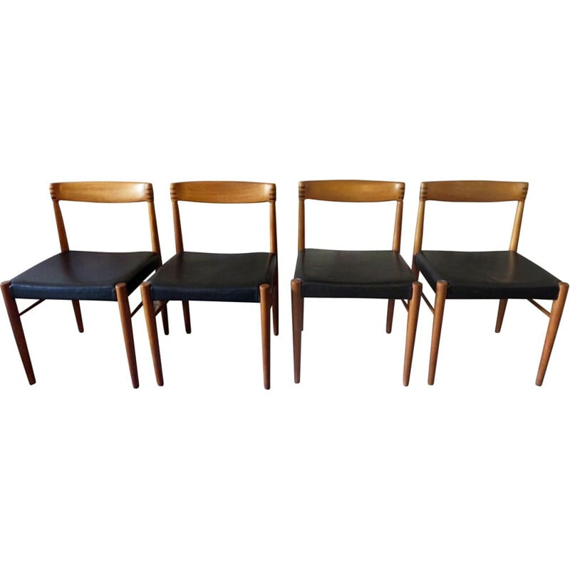 Lot de 4 chaises vintage H. W. Klein en teck et cuir marqueté 1960