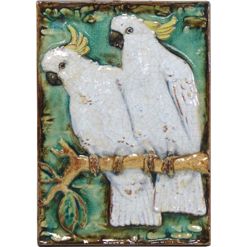 Vintage ceramic wall plaque with Karlsruher parrots 1930s