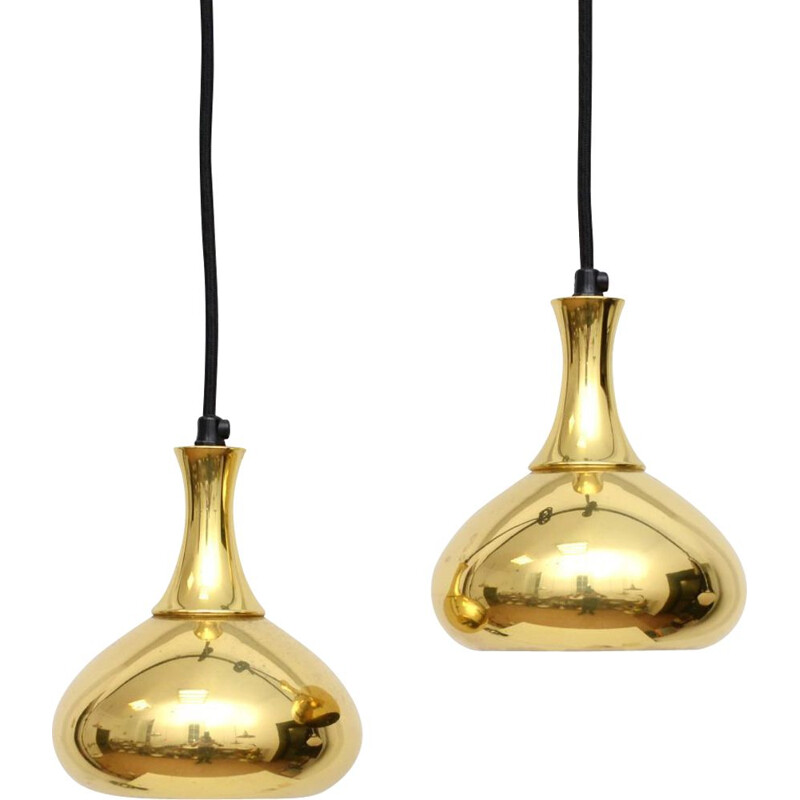 Pair of vintage Pendant Lamps In Golden Brass Danish 1960s