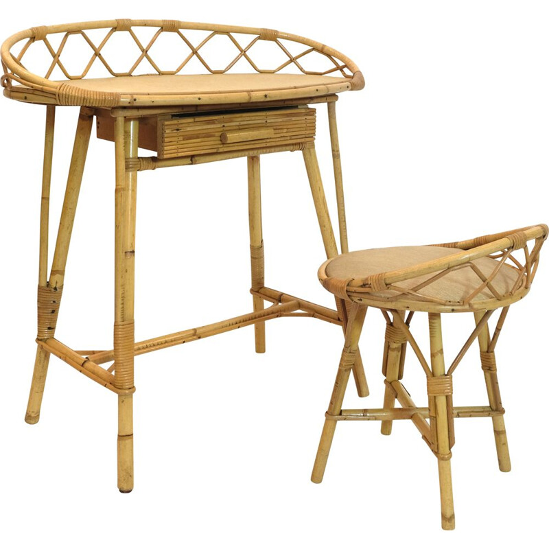 Vintage rattan dressing table with its chair 1950s