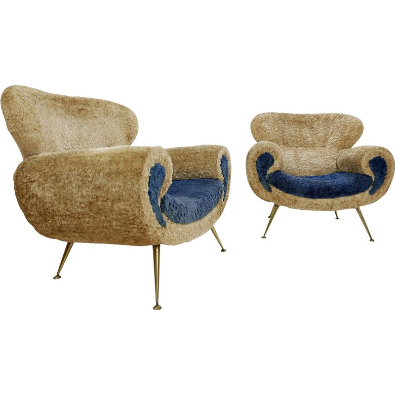 Pair of vintage fake fur armchairs Italian