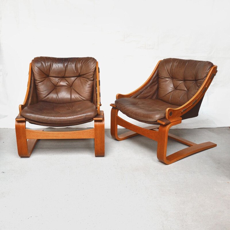 Pair of vintage teak and leather Kroken armchairs by Ake Fribytter for Nelo Möbel, Sweden 1970