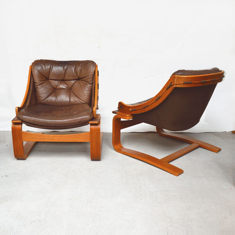 Pair of vintage teak and leather Kroken armchairs by Ake Fribytter for Nelo Möbel, Sweden 1970