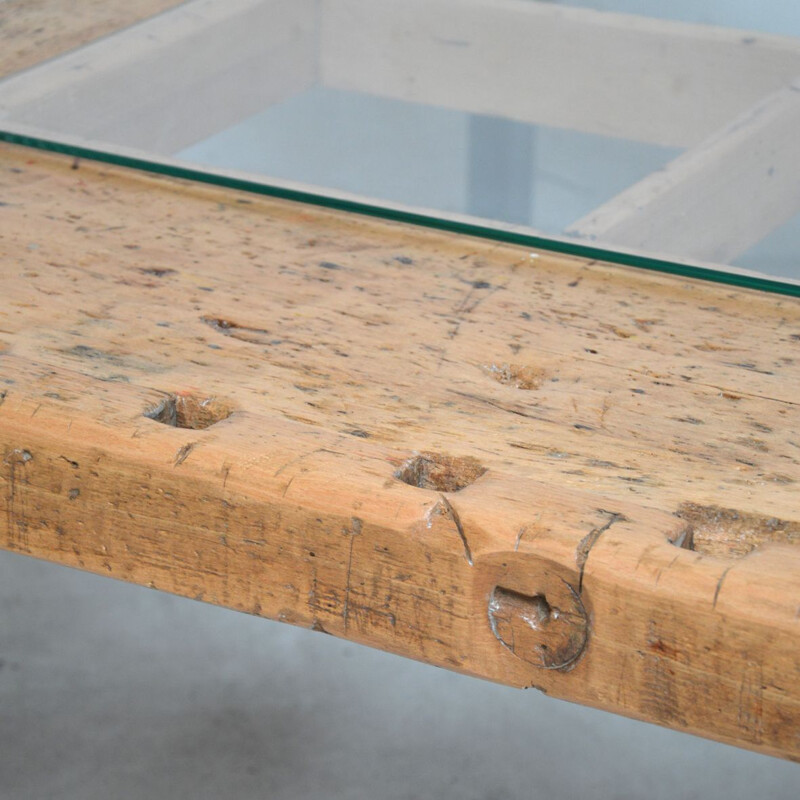 Grande table basse vintage industrielle en bois massif