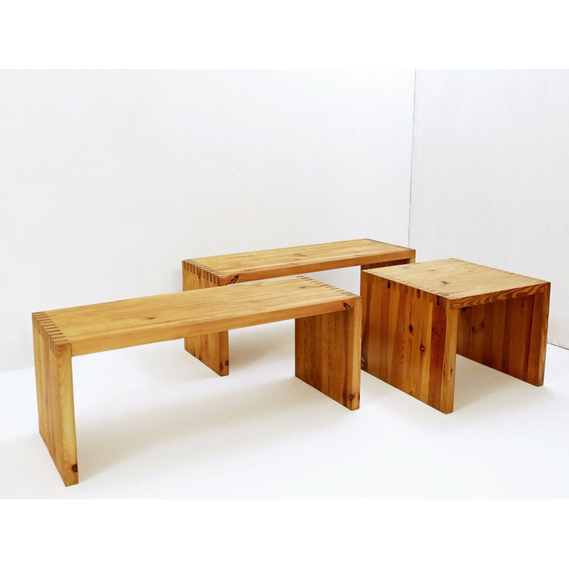 Set of 3 vintage solid pine side tables by Ate Van Apeldoorn for Houtwerk Hattem