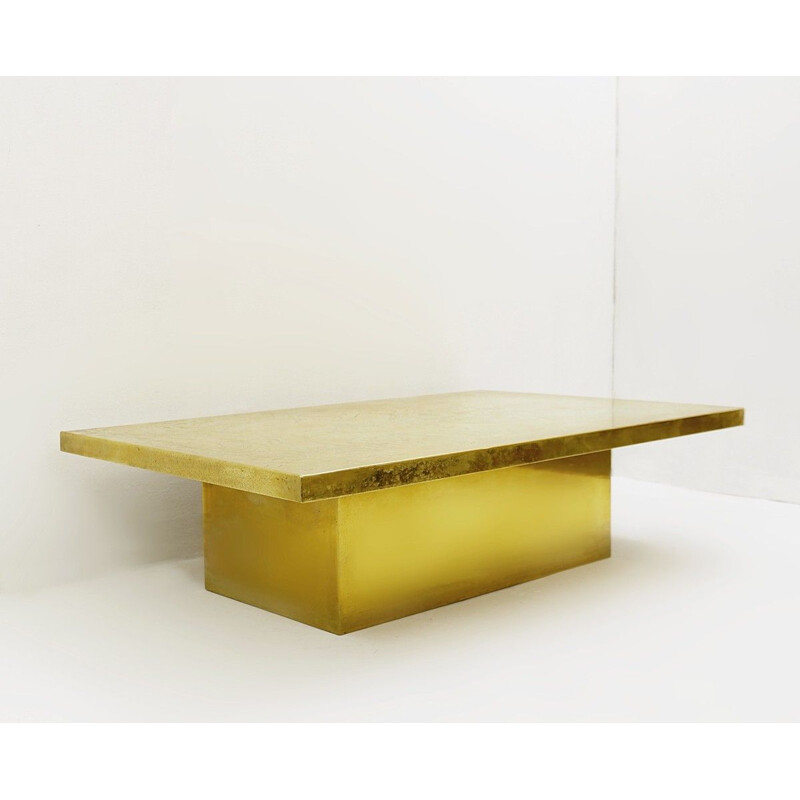 Vintage engraved brass coffee table by Guy De Jong, Belgium