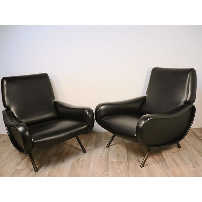 Pair of vintage Lady black leather armchairs, Marco Zanuso for Arflex 1950