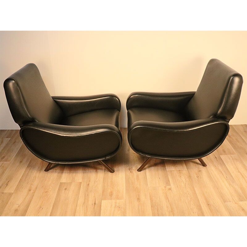 Pair of vintage Lady black leather armchairs, Marco Zanuso for Arflex 1950