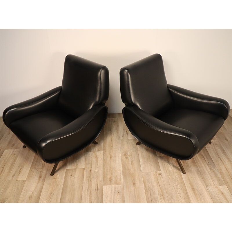 Pair of vintage Lady black leather armchairs, Marco Zanuso for Arflex 1950