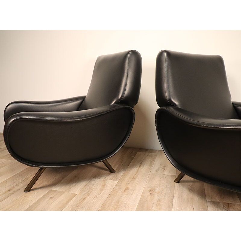 Pair of vintage Lady black leather armchairs, Marco Zanuso for Arflex 1950