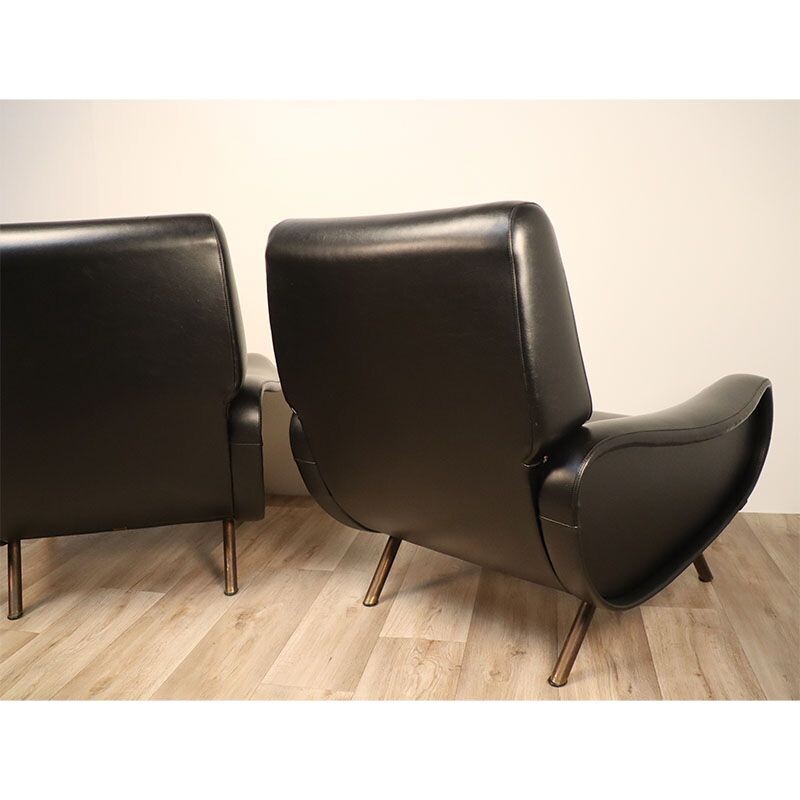 Pair of vintage Lady black leather armchairs, Marco Zanuso for Arflex 1950