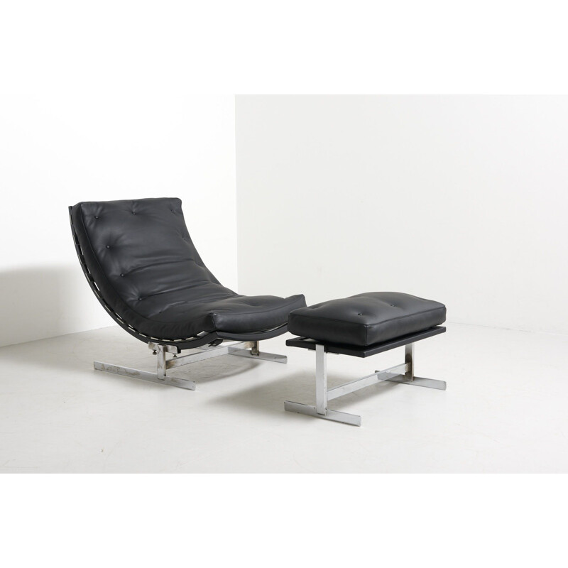 Vintage Lounge Chair with Ottoman in Leather and Chrome 1960s