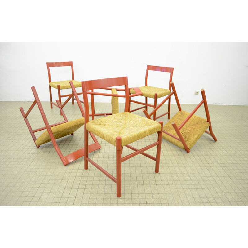 Set of 6 vintage oak and wicker chairs 1960s