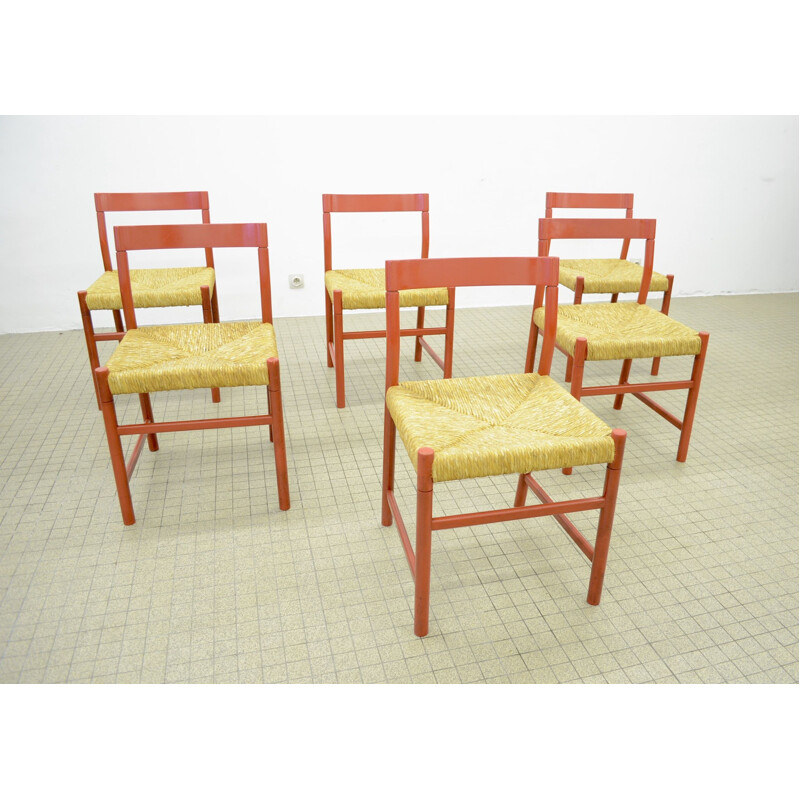 Set of 6 vintage oak and wicker chairs 1960s
