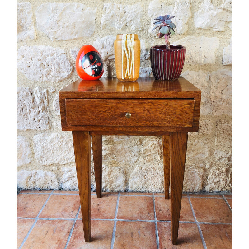 Vintage bedside table with compass feet 1950s