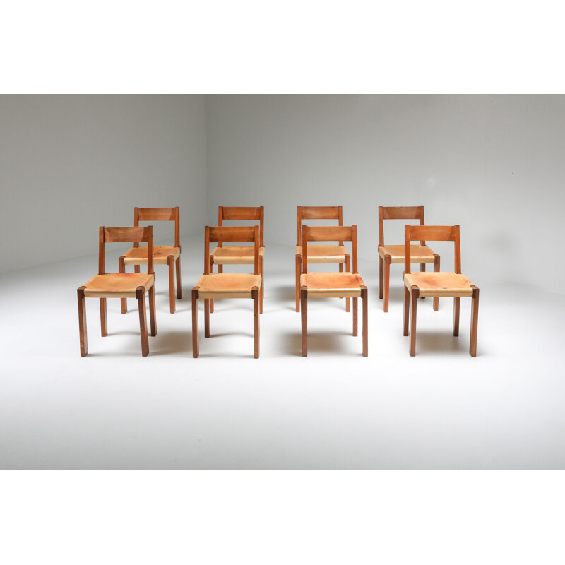 Set of 8 vintage Pierre Chapo Chairs in Solid Elm and Natural Leather 1966s