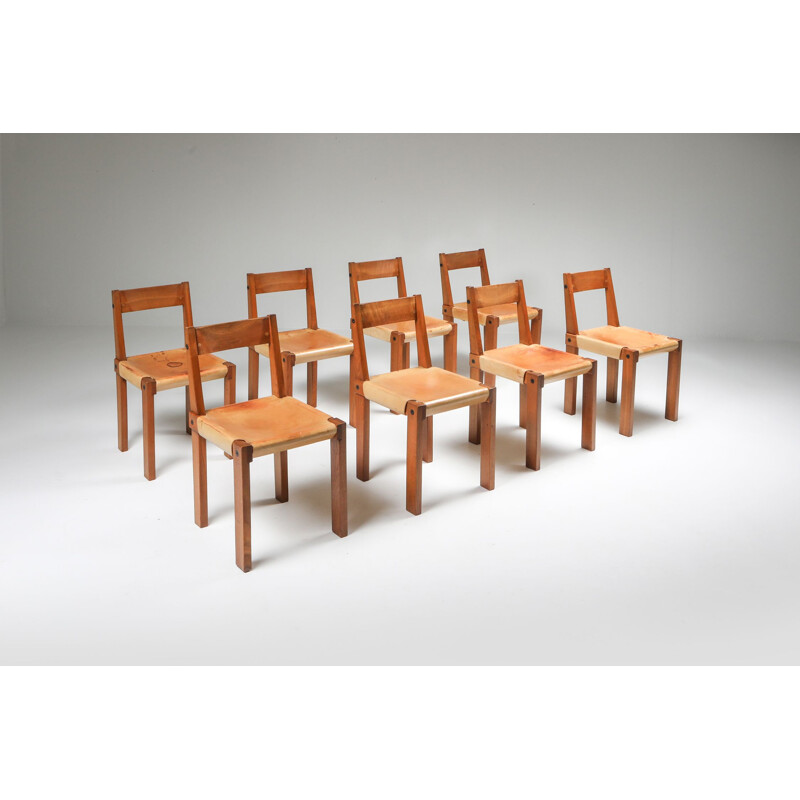 Set of 8 vintage Pierre Chapo Chairs in Solid Elm and Natural Leather 1966s