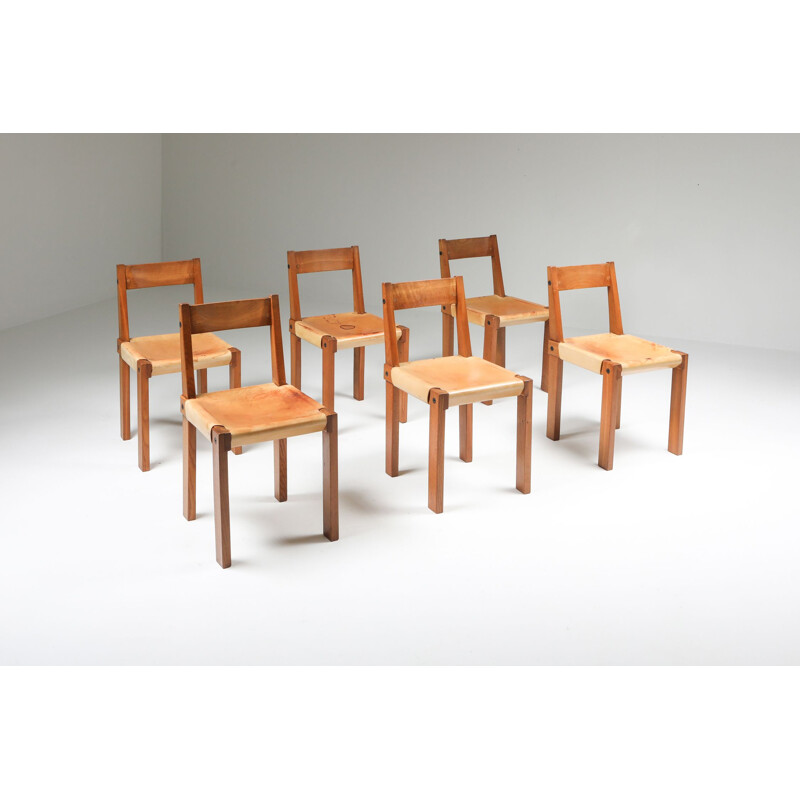 Set of 8 vintage Pierre Chapo Chairs in Solid Elm and Natural Leather 1966s