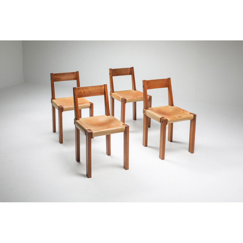Set of 8 vintage Pierre Chapo Chairs in Solid Elm and Natural Leather 1966s