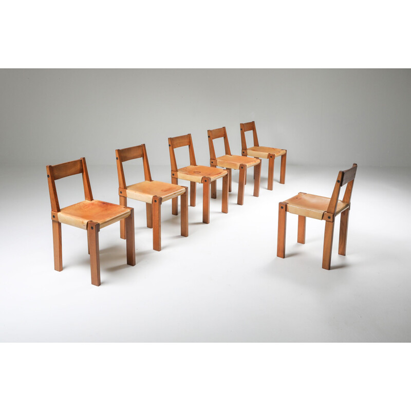 Lot de 8 chaises vintage de Pierre Chapo en orme massif et cuir naturel 1966