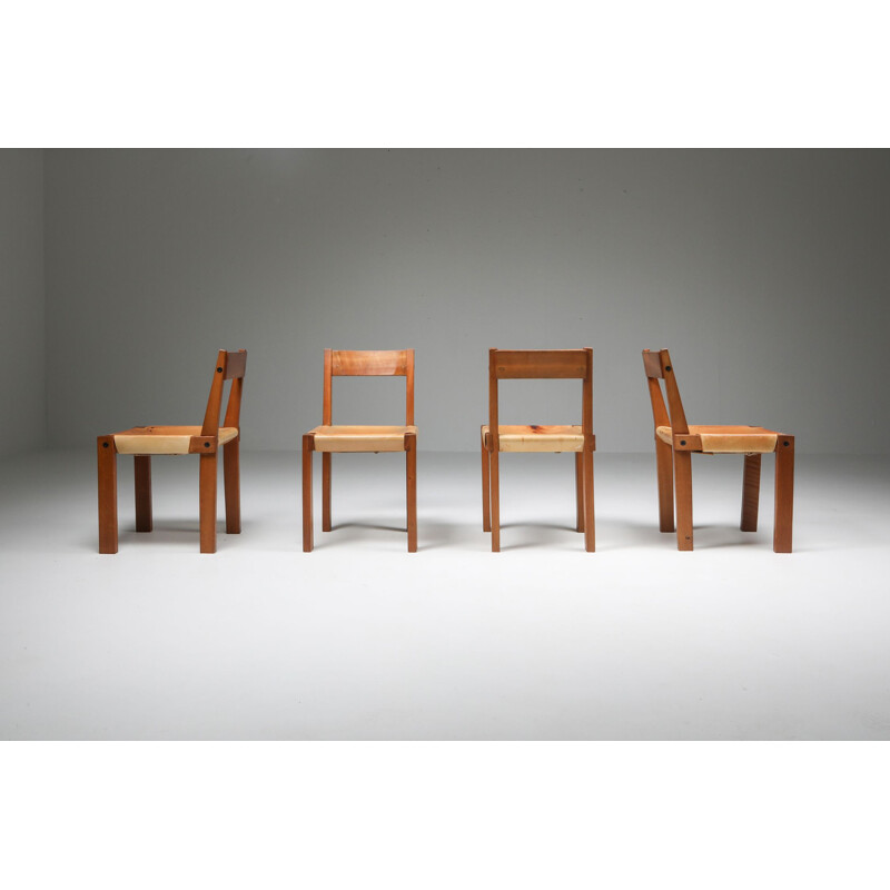 Set of 8 vintage Pierre Chapo Chairs in Solid Elm and Natural Leather 1966s