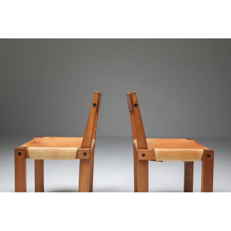 Set of 8 vintage Pierre Chapo Chairs in Solid Elm and Natural Leather 1966s