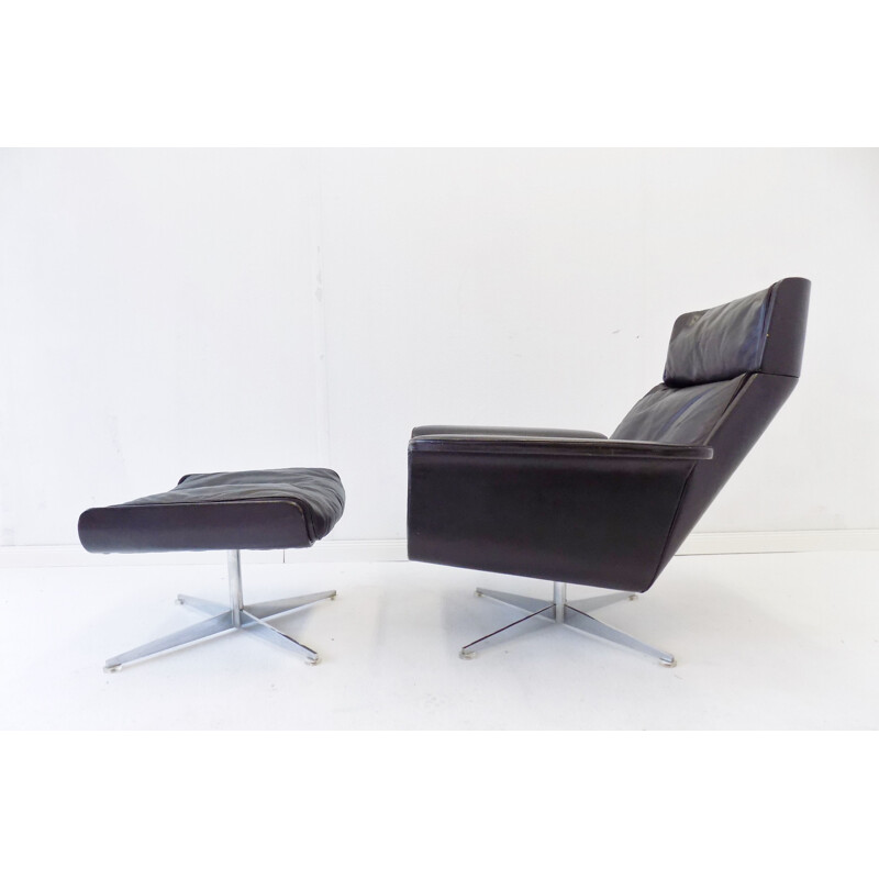 Vintage Kaufeld Siesta 62 black leather armchair with ottoman by Jacques Brule 1960s