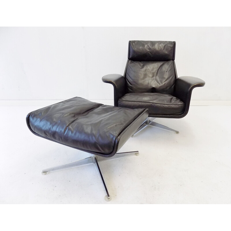 Vintage Kaufeld Siesta 62 black leather armchair with ottoman by Jacques Brule 1960s