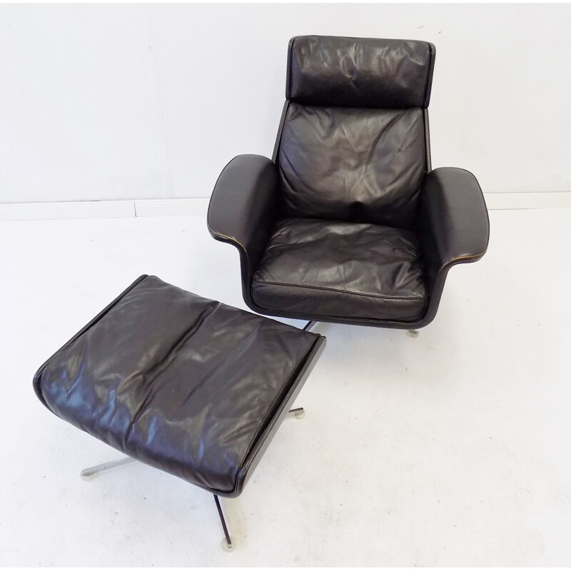 Vintage Kaufeld Siesta 62 black leather armchair with ottoman by Jacques Brule 1960s