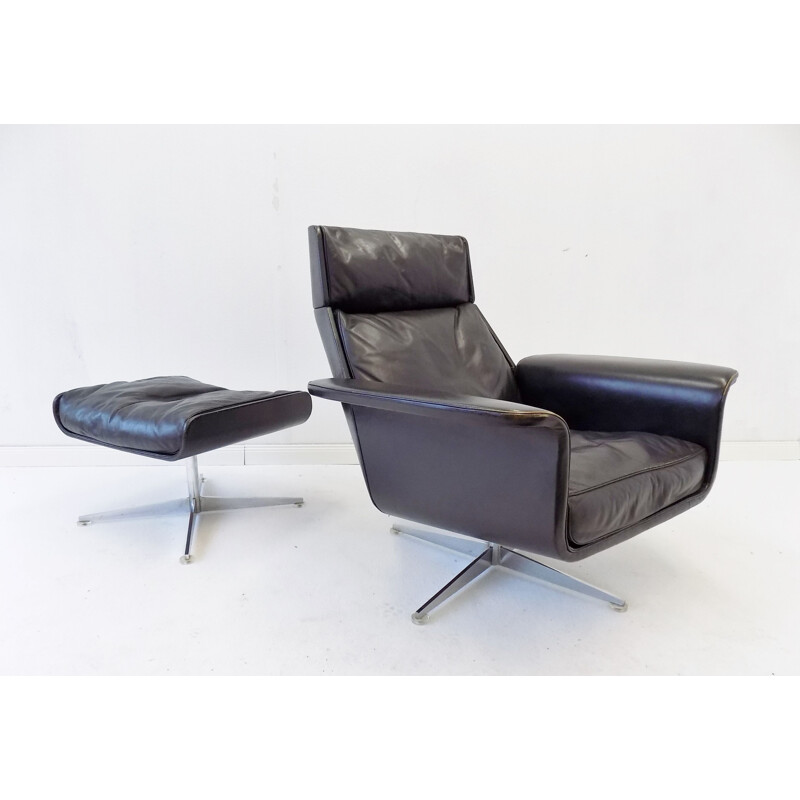 Vintage Kaufeld Siesta 62 black leather armchair with ottoman by Jacques Brule 1960s